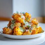 A mound of golden, crispy smashed potatoes topped with creamy dressing, red onion, and fresh dill for Crispy Smashed Potato Salad.