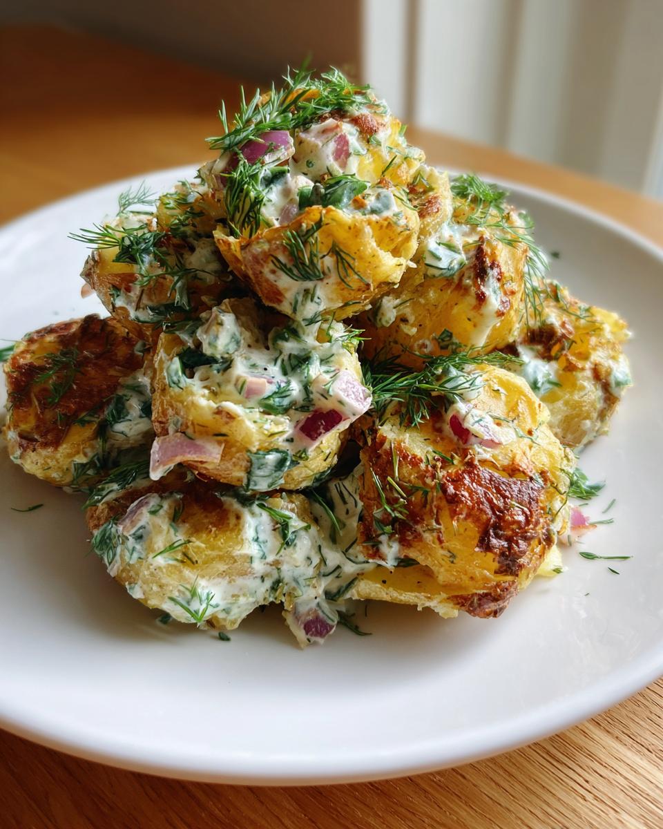 A mound of Crispy Smashed Potato Salad featuring smashed, golden-brown potatoes coated in a creamy dressing with red onion and fresh dill.