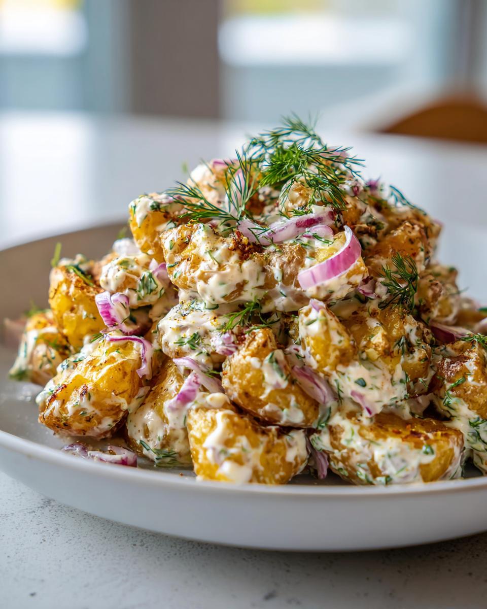 Close-up of Crispy Smashed Potato Salad coated in creamy dressing, topped with red onion and fresh dill.