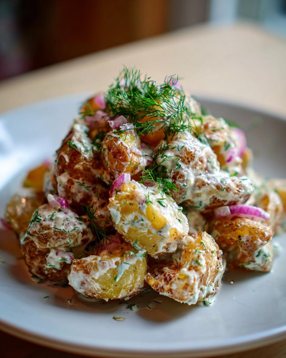Close-up of Crispy Smashed Potato Salad coated in creamy dressing, topped with red onion and fresh dill.