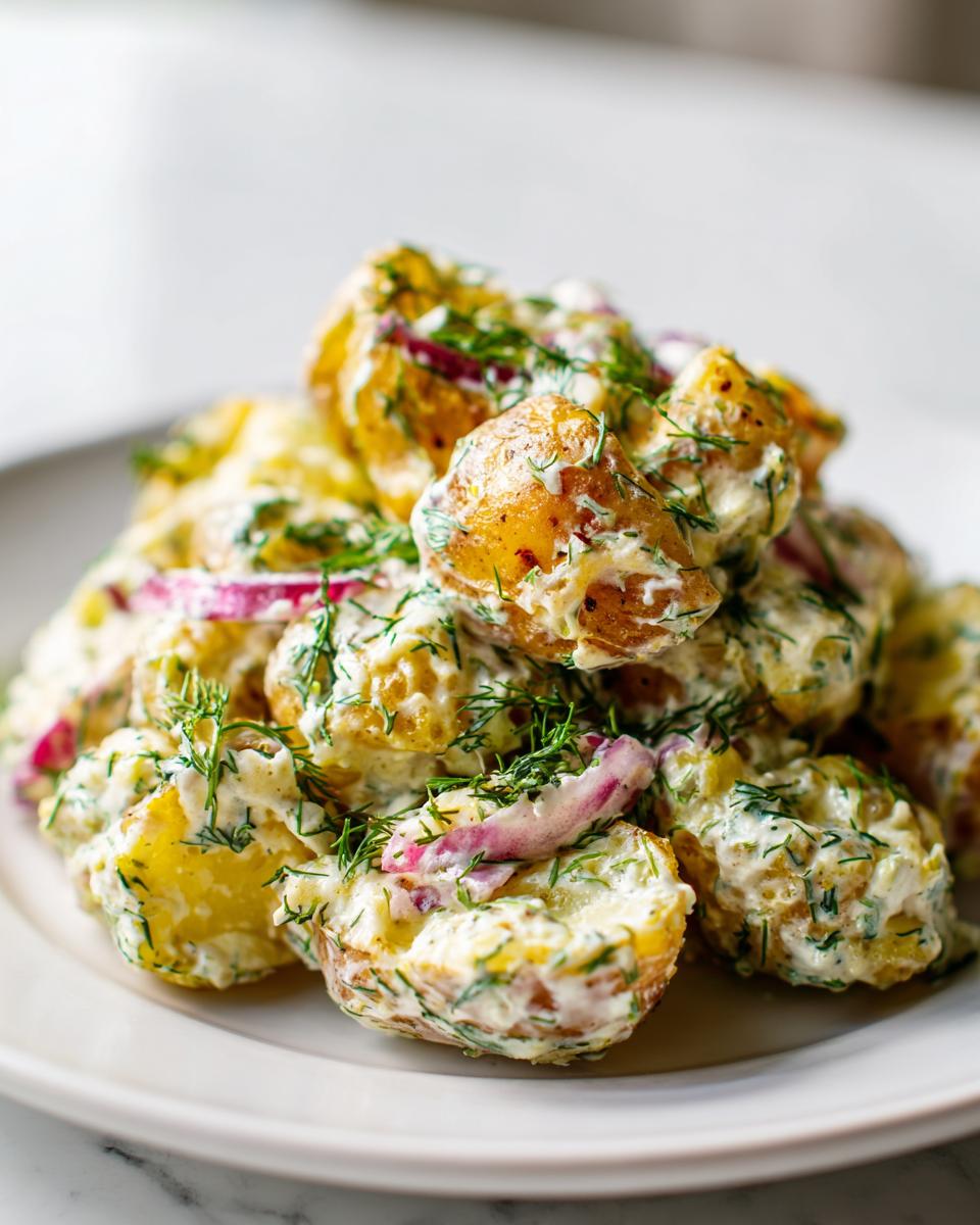 A close-up of Crispy Smashed Potato Salad featuring creamy dressing, red onion slices, and fresh dill.