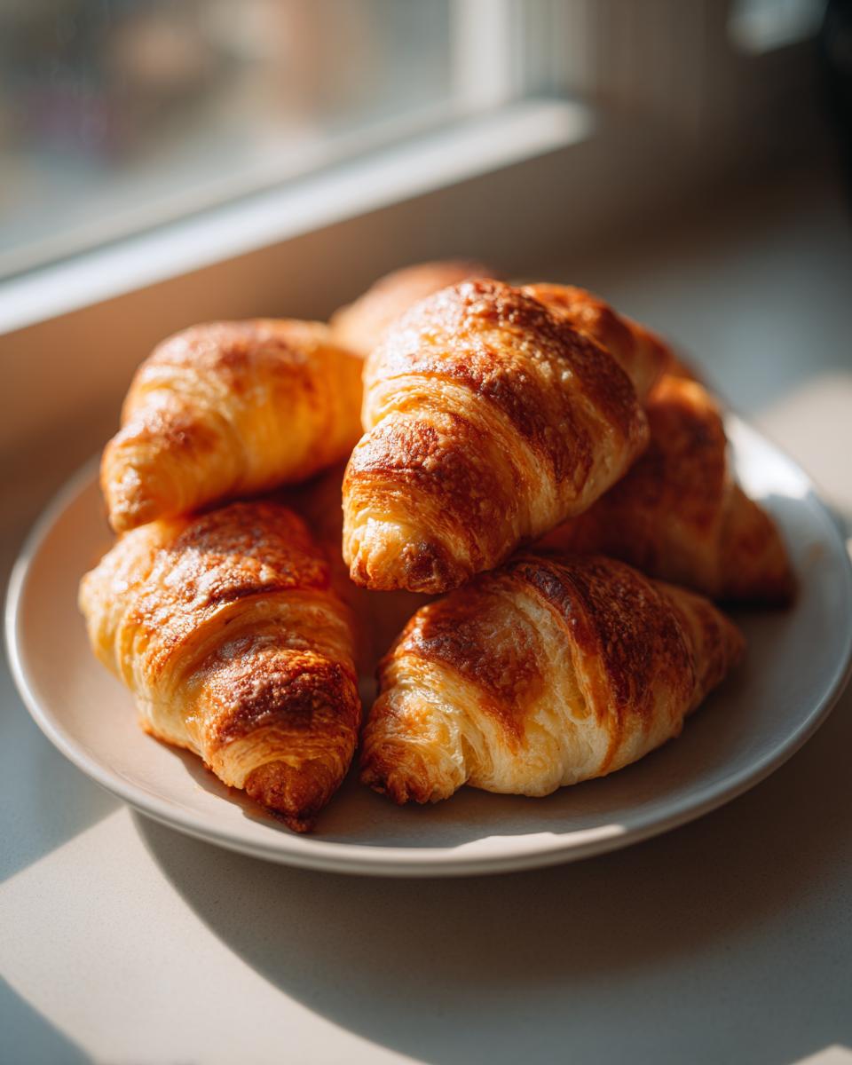 A plate piled high with golden brown, flaky croissants, perfect for serving as Iowa Party Bites.