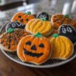 A plate filled with colorful, decorated Halloween cookies, including jack-o'-lanterns and ghosts.