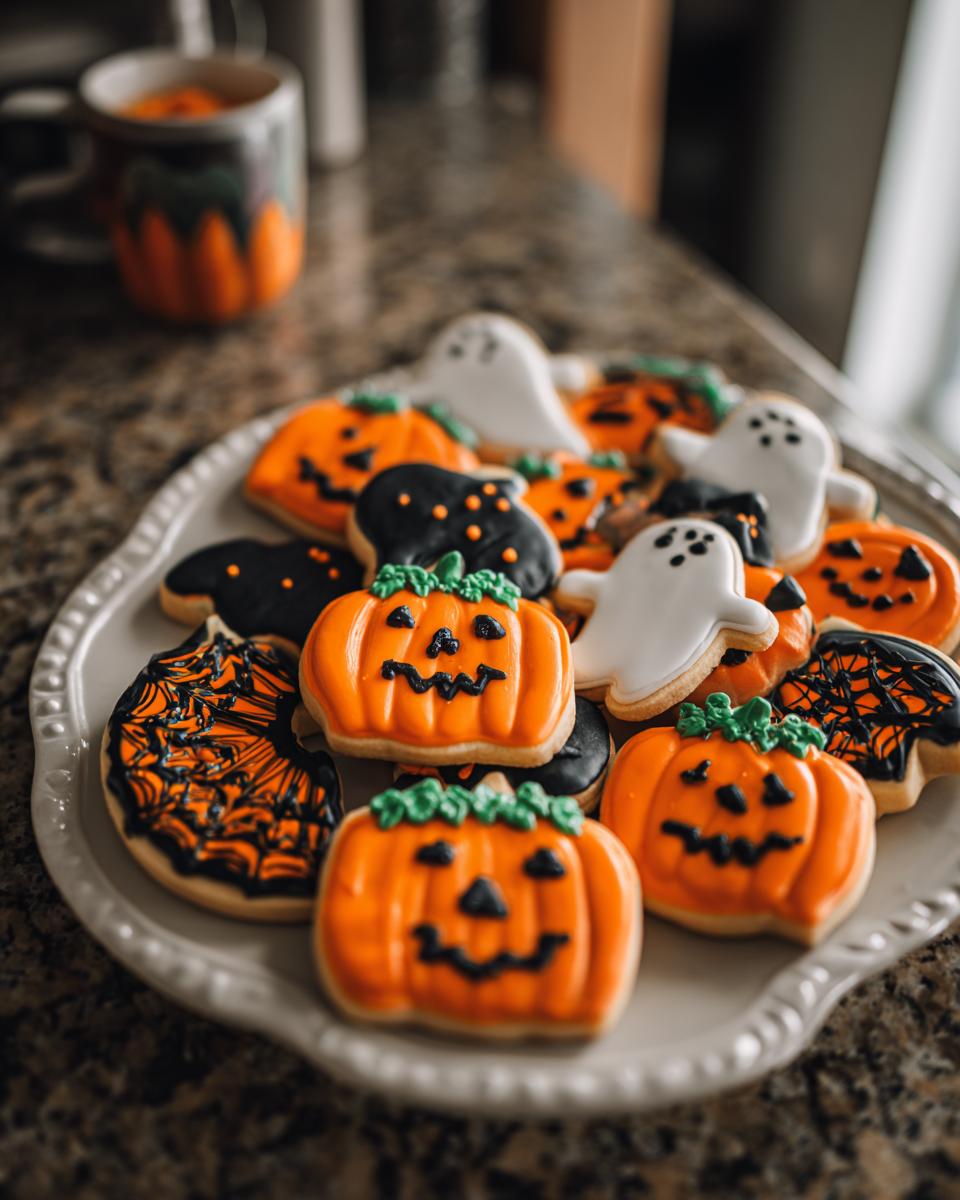 A platter filled with decorated Halloween cookies, including bright orange jack-o'-lanterns, white ghosts, and black spiderweb cookies.