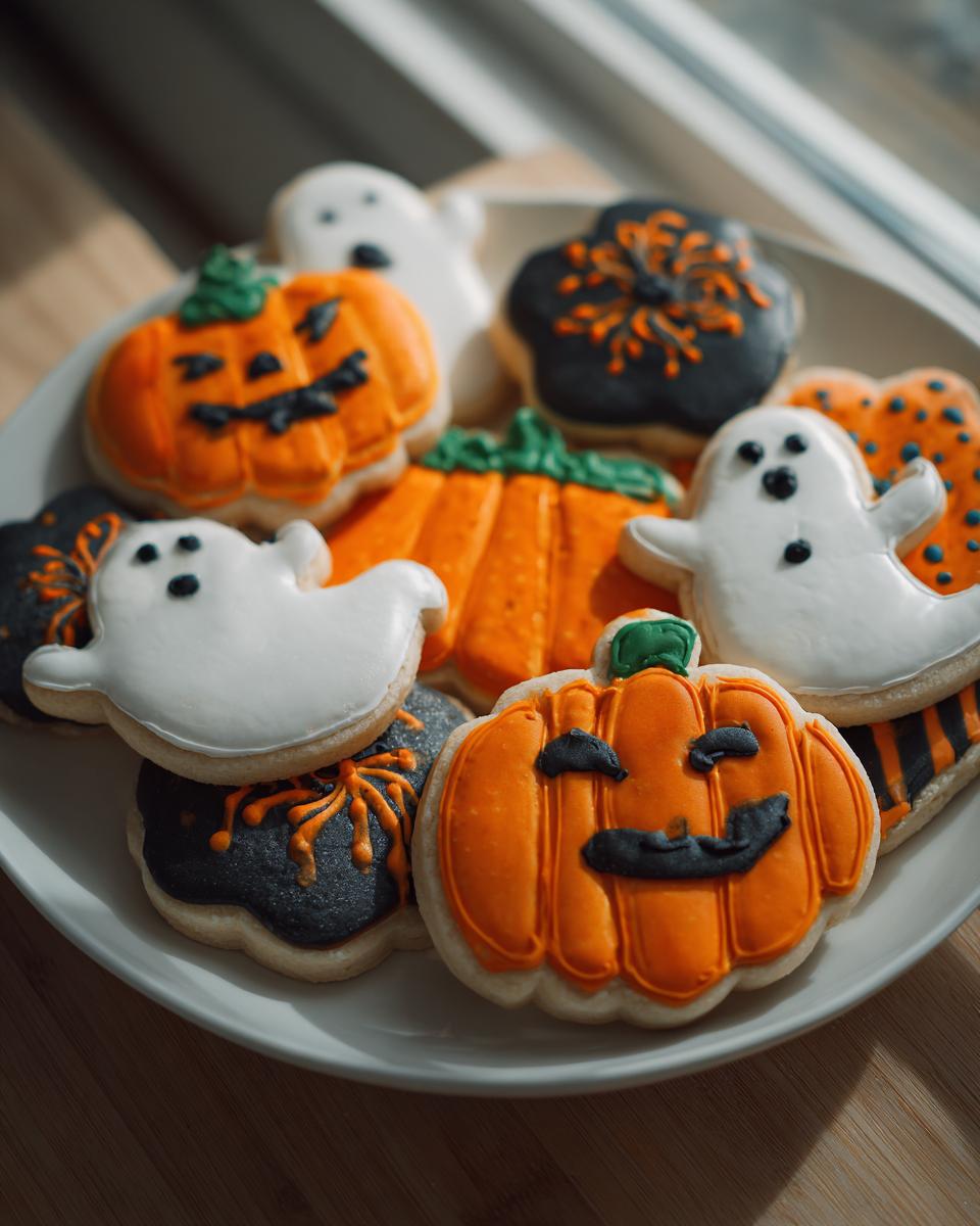 A plate piled high with decorated Halloween cookies featuring pumpkins, ghosts, and spiders.