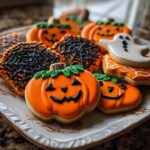 A close-up of assorted, brightly decorated Halloween cookies, including pumpkins, ghosts, and spiderwebs.