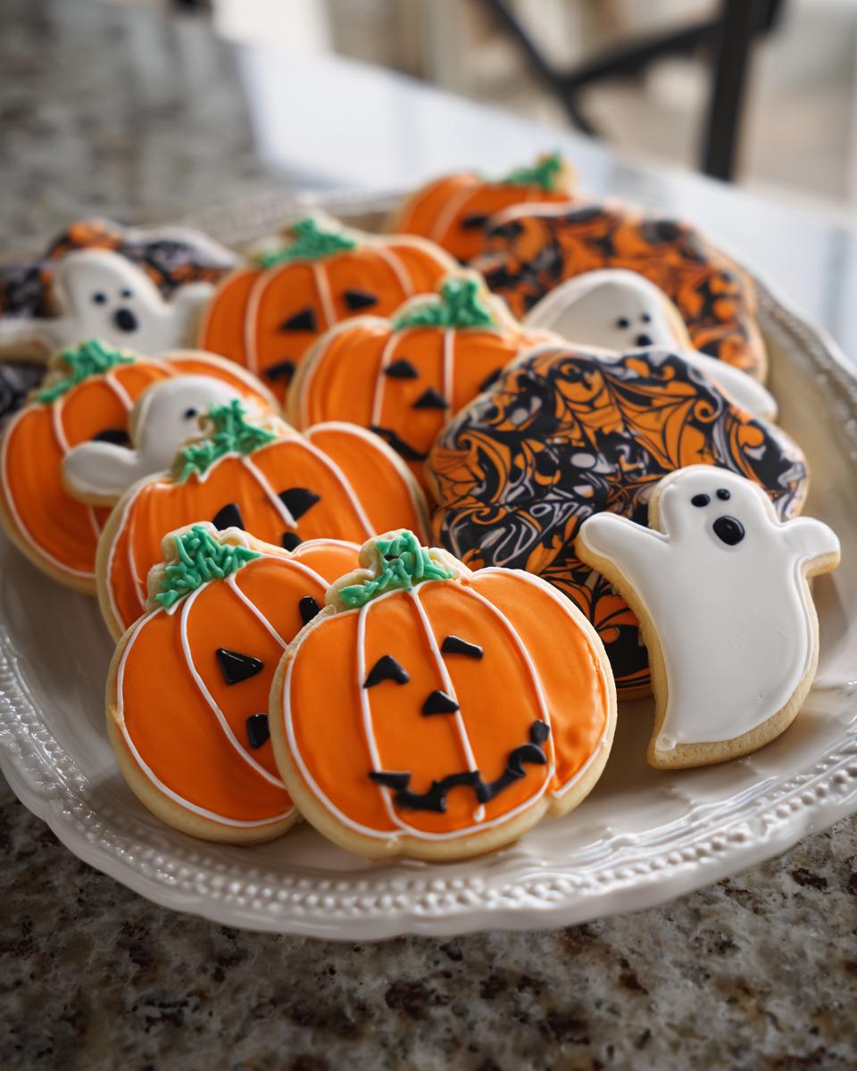 A close-up of assorted, beautifully decorated Halloween cookies including pumpkins and ghosts.