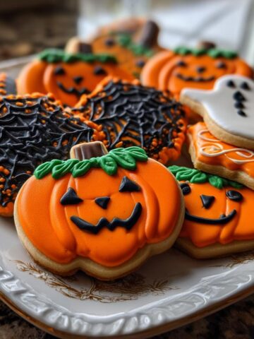 A close-up of assorted, brightly decorated Halloween cookies, including pumpkins, ghosts, and spiderwebs.