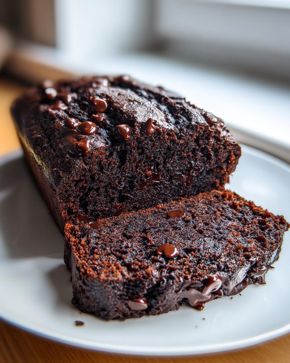 A close-up of a rich, dark Double Chocolate Zucchini Bread loaf with one slice cut, topped with melted chocolate chips.