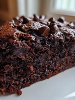 Close-up of a rich, moist slice of Double Chocolate Zucchini Bread topped with melted chocolate chips.