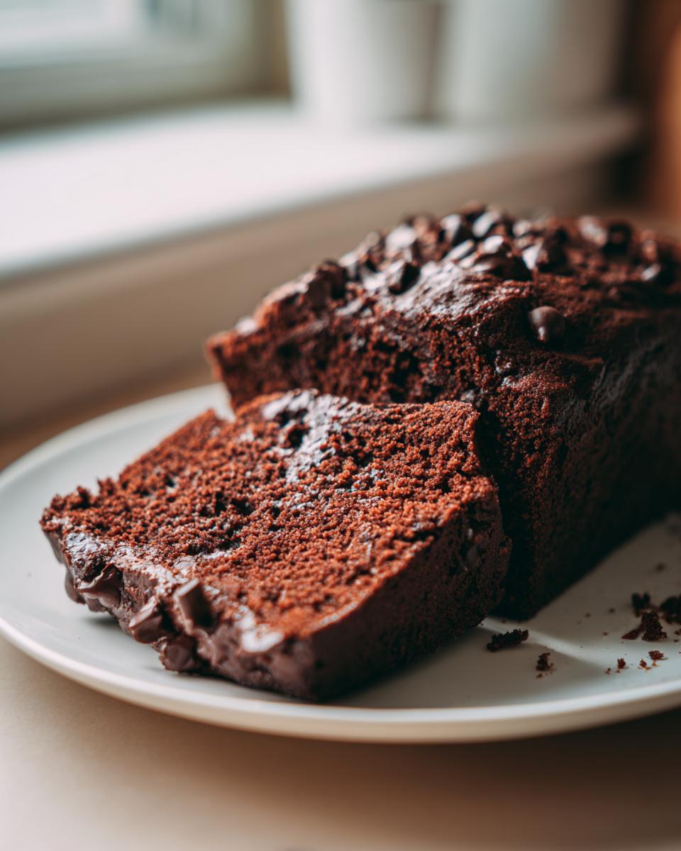 A close-up of a thick slice of moist Double Chocolate Zucchini Bread topped with chocolate chips.