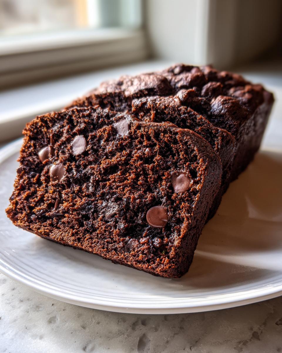 Close-up of three moist slices of Double Chocolate Zucchini Bread studded with chocolate chips on a white plate.