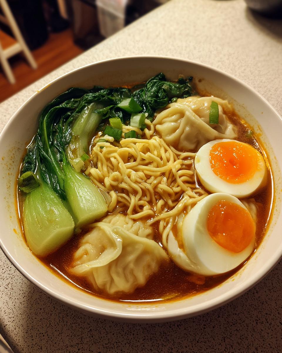 A close-up of a hearty Dumpling Ramen Bowl featuring noodles, bok choy, dumplings, and halved soft-boiled eggs in rich broth.