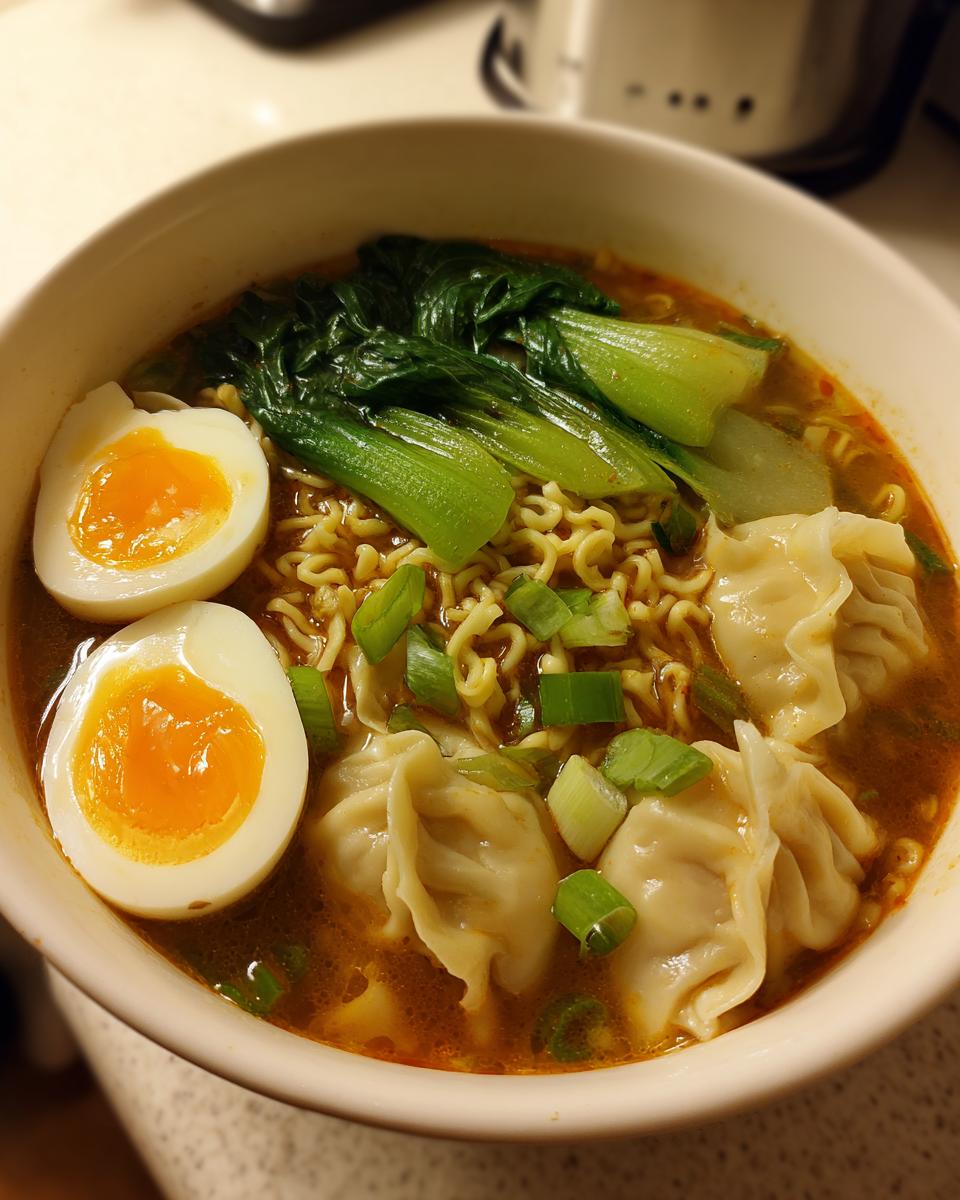 A close-up of a hearty Dumpling Ramen Bowl featuring wavy noodles, dumplings, soft-boiled eggs, and bok choy.
