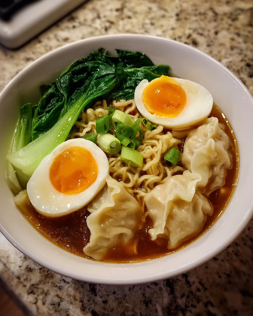 A close-up of a white bowl filled with Dumpling Ramen Bowl, featuring ramen noodles, dumplings, soft-boiled eggs, and bok choy.