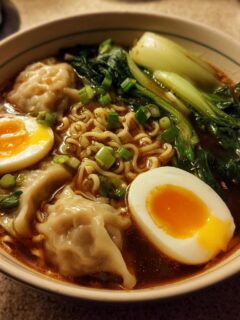 A close-up of a steaming Dumpling Ramen Bowl featuring noodles, dumplings, bok choy, and a halved soft-boiled egg.