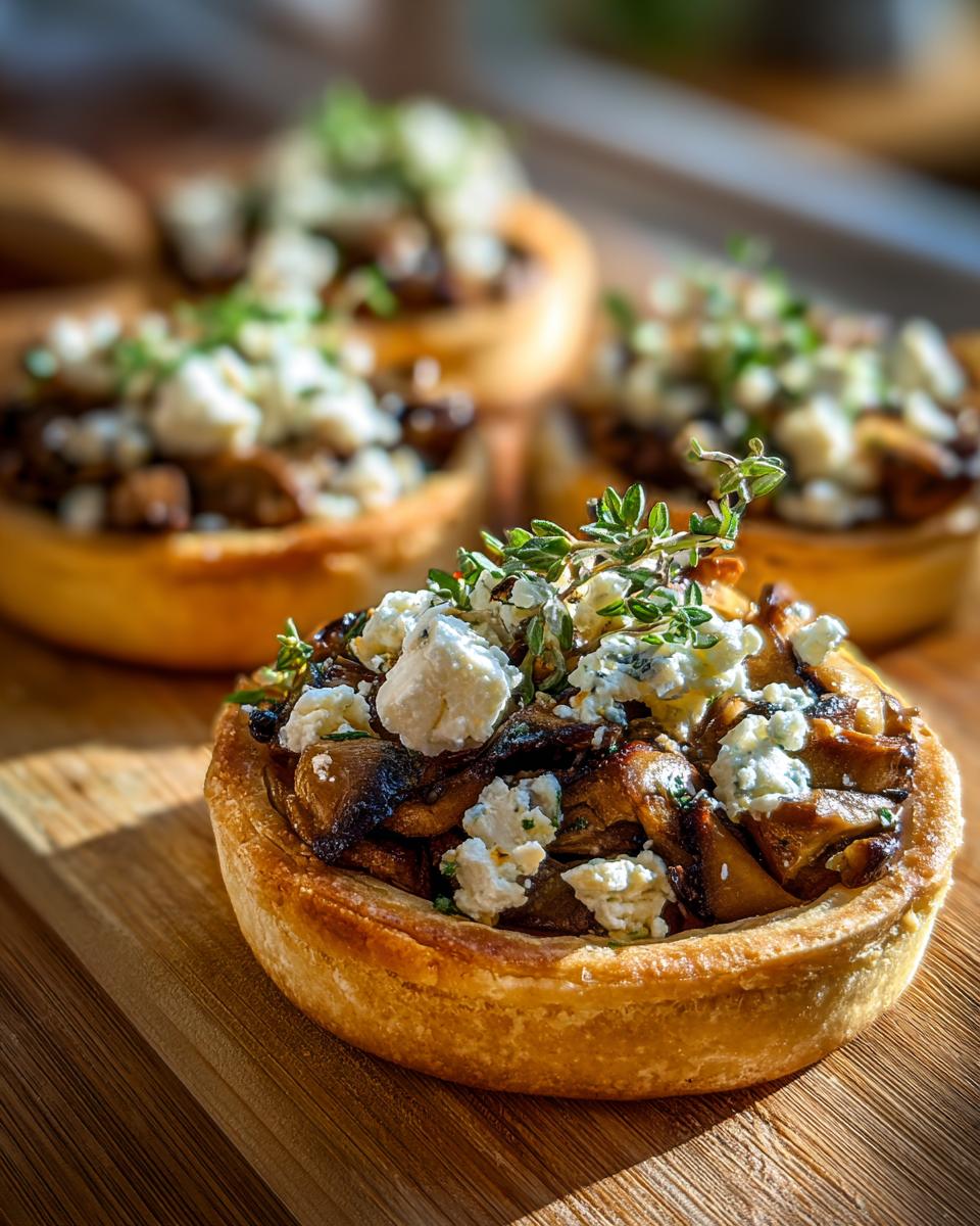 A close-up of one of the Elegant Mushroom Goat Cheese Tarts, topped with crumbled cheese and fresh thyme.