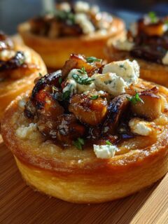 Close-up of an Elegant Mushroom Goat Cheese Tart topped with caramelized mushrooms, blue cheese crumbles, and fresh herbs.