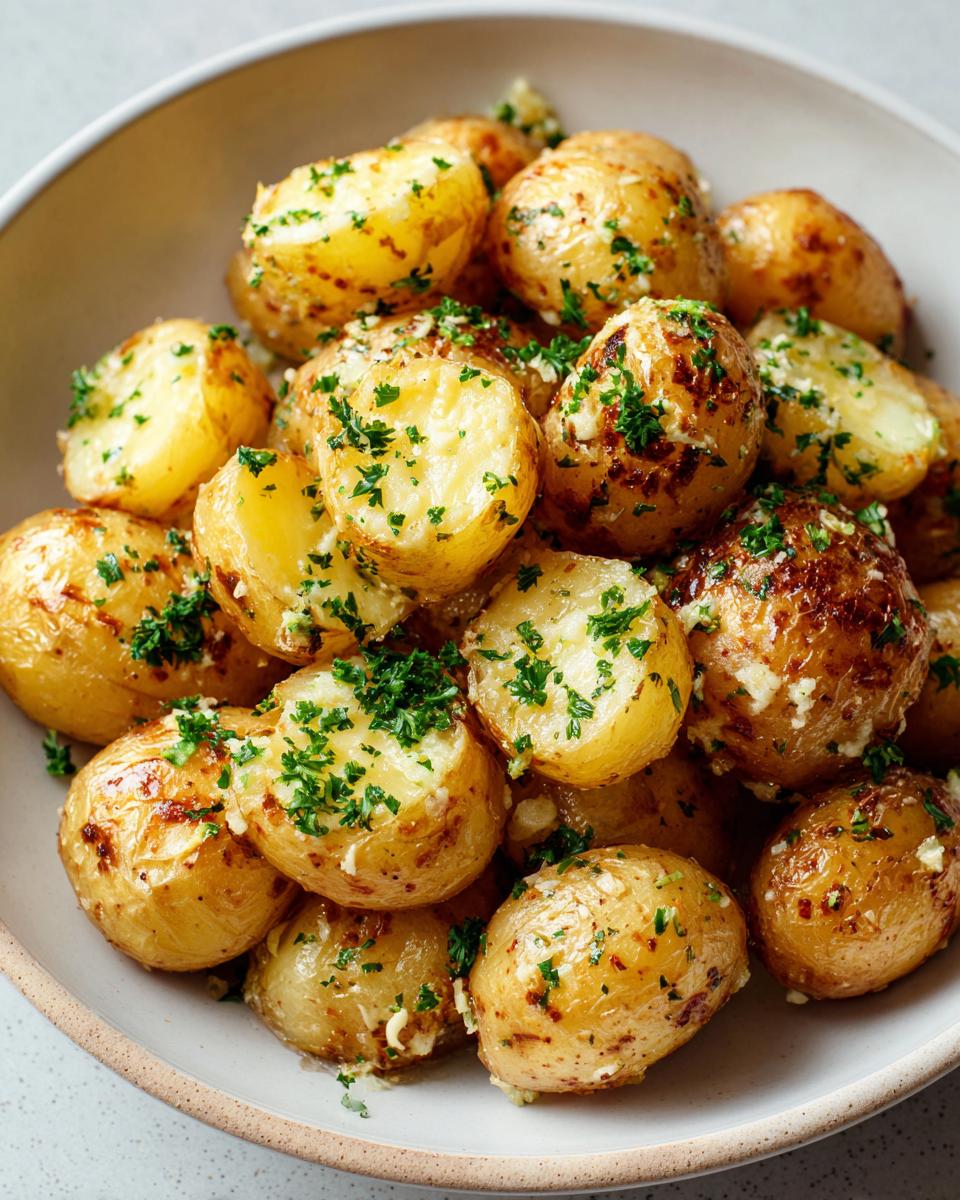 A bowl filled with roasted small potatoes coated in melted butter, minced garlic, and fresh parsley, showcasing the Garlic Butter Potatoes.