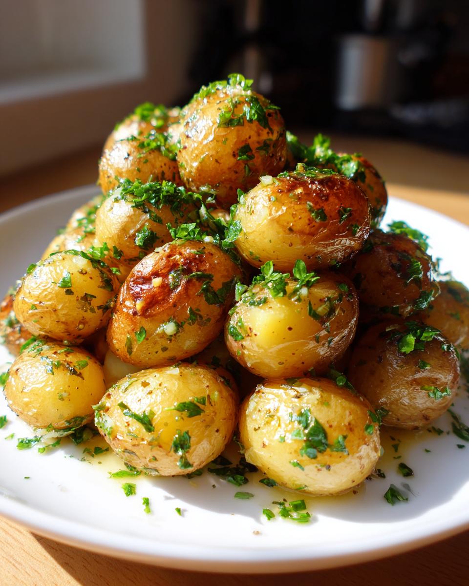 A mound of roasted Garlic Butter Potatoes glistening with butter and topped generously with fresh chopped parsley.