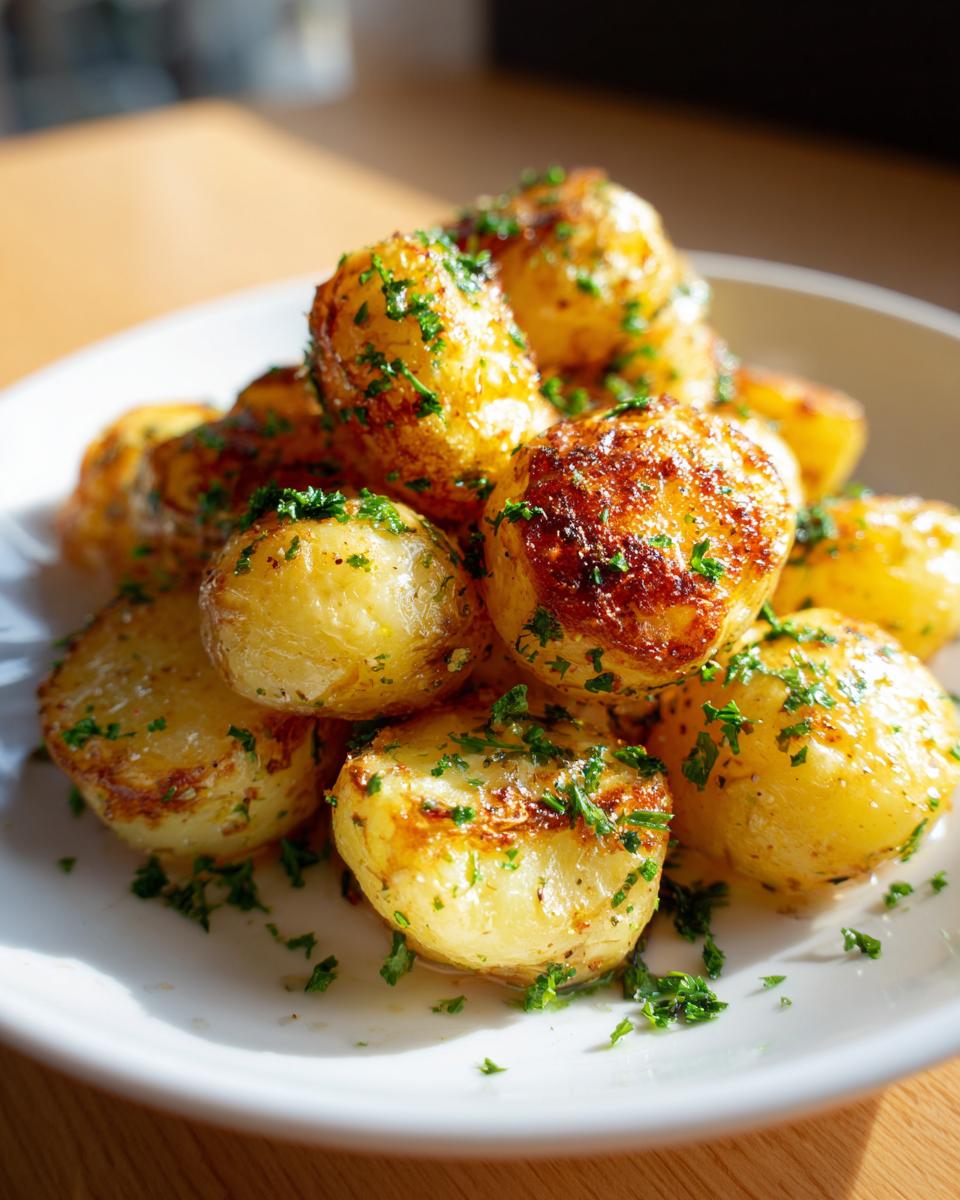 A close-up of roasted Garlic Butter Potatoes, golden brown and glistening, topped with fresh chopped parsley.