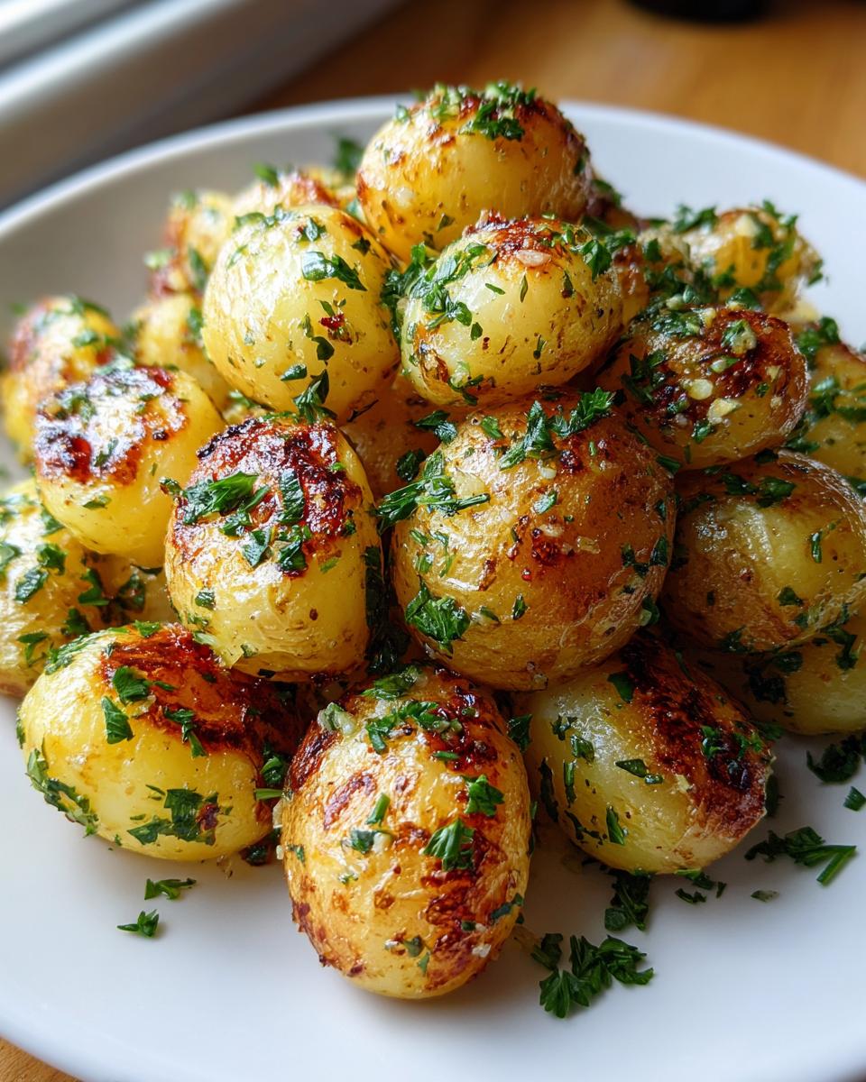 A mound of golden, roasted Garlic Butter Potatoes garnished generously with fresh chopped parsley.