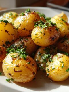 Close-up of roasted Garlic Butter Potatoes glistening with butter and topped with fresh chopped parsley.
