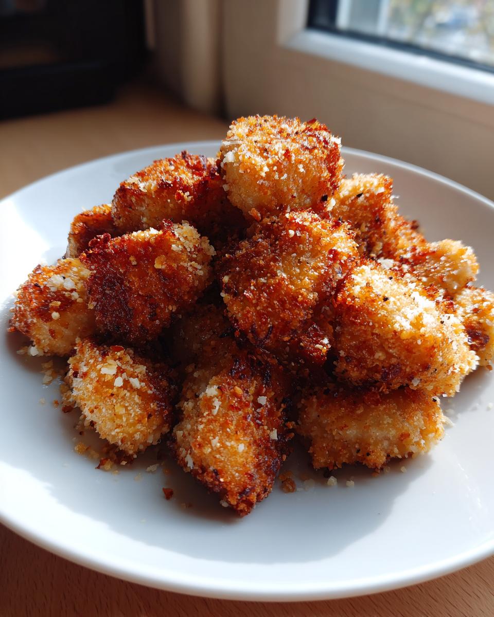 A pile of golden brown, crispy Garlic Parmesan Chicken Bites dusted with visible cheese on a white plate.