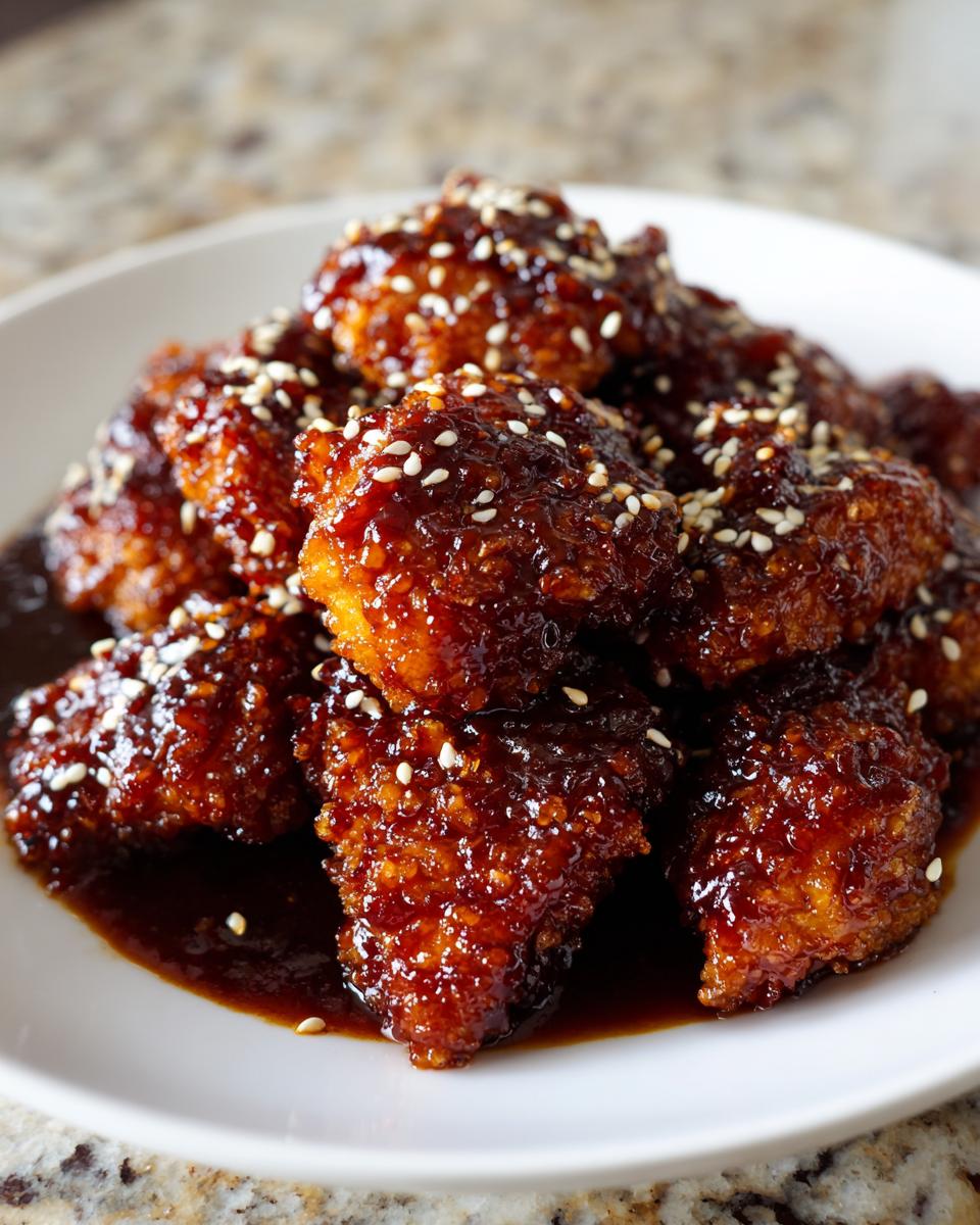 Close-up of crispy, glazed Sesame Chicken pieces coated in a dark, sticky sauce and sprinkled with white sesame seeds.