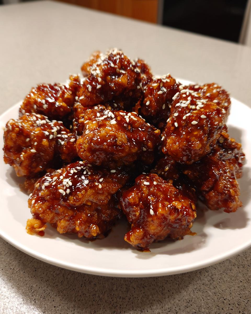 Close-up of crispy, glazed Sesame Chicken pieces piled high on a white plate and sprinkled with white sesame seeds.