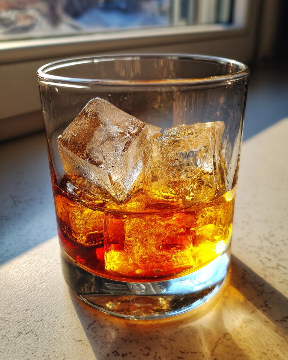 A close-up of a Godfather Cocktail in a rocks glass with large ice cubes, illuminated by sunlight.