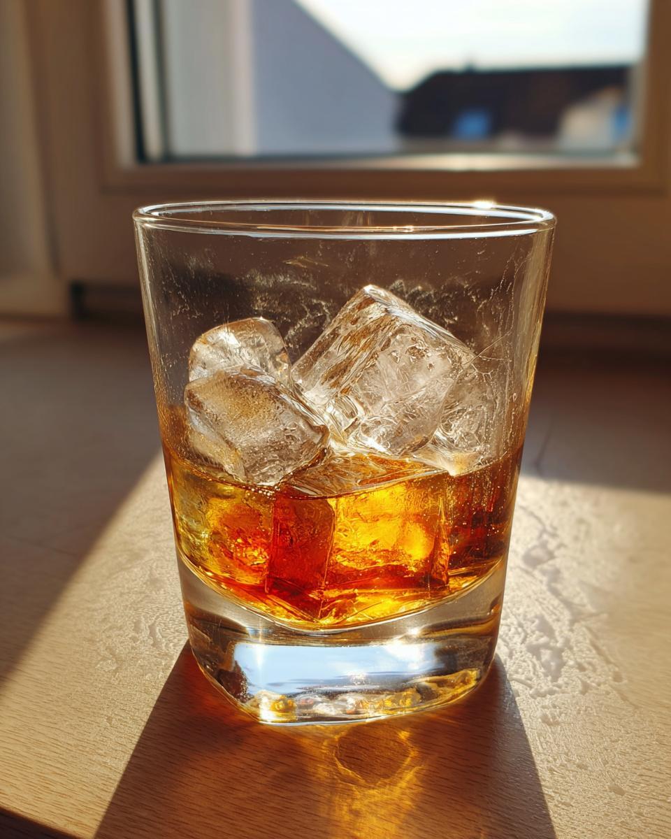 A close-up of a Godfather Cocktail served on the rocks in a short glass, catching the sunlight.