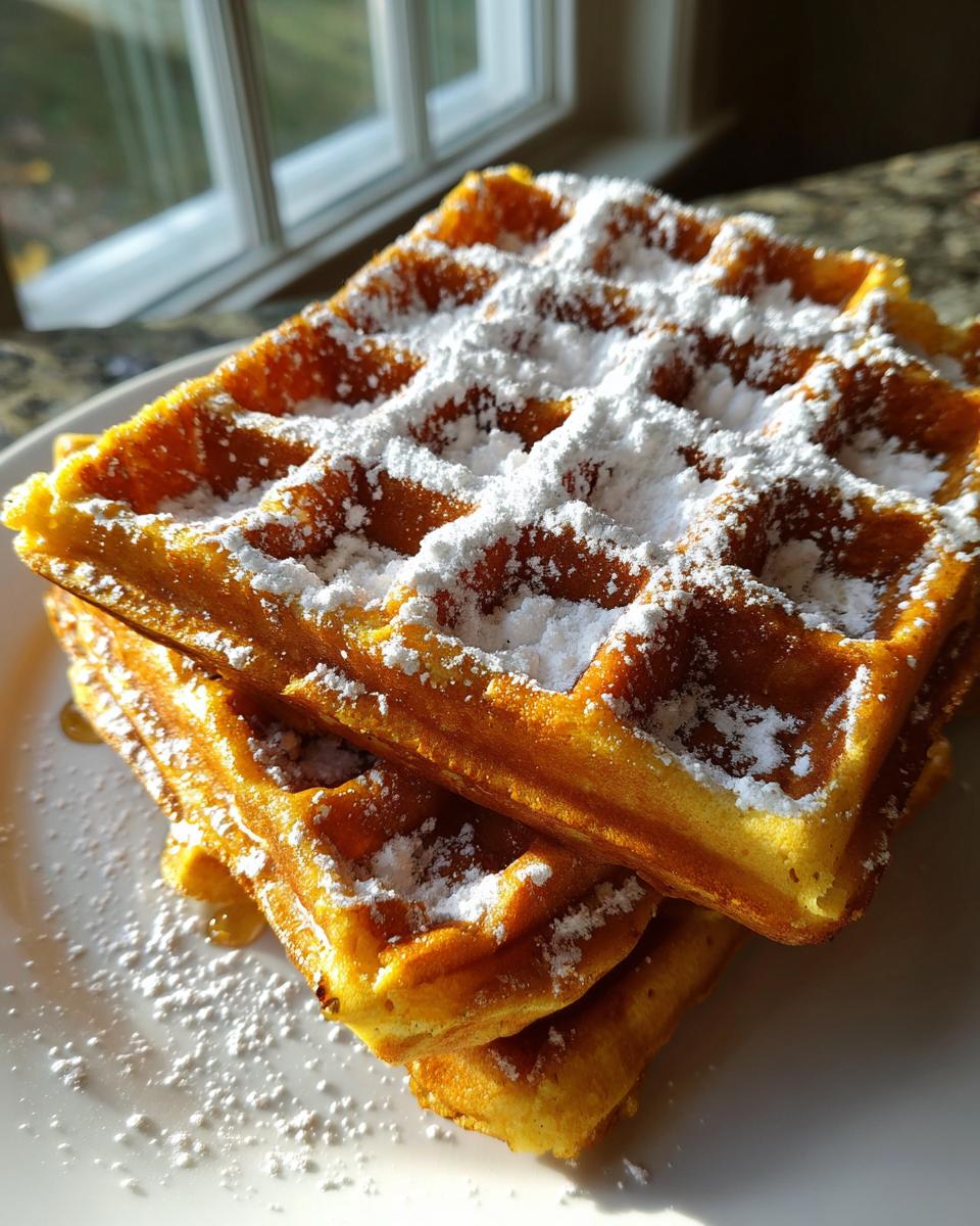 Stack of golden brown Belgian Waffles generously dusted with powdered sugar, sitting on a white plate.