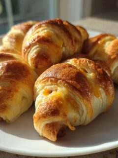 Close-up of golden baked, cheesy croissant-style Iowa Party Bites arranged on a white plate.
