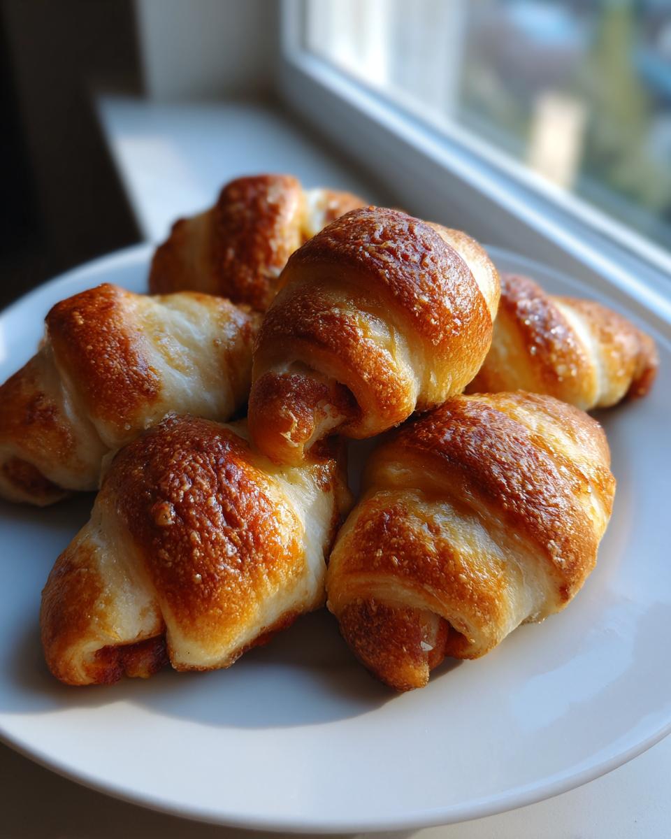 Close-up of golden brown, flaky croissant rolls piled on a white plate, perfect for Iowa Party Bites.