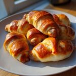 Pile of golden brown, freshly baked Iowa Party Bites shaped like small croissants on a light gray plate.