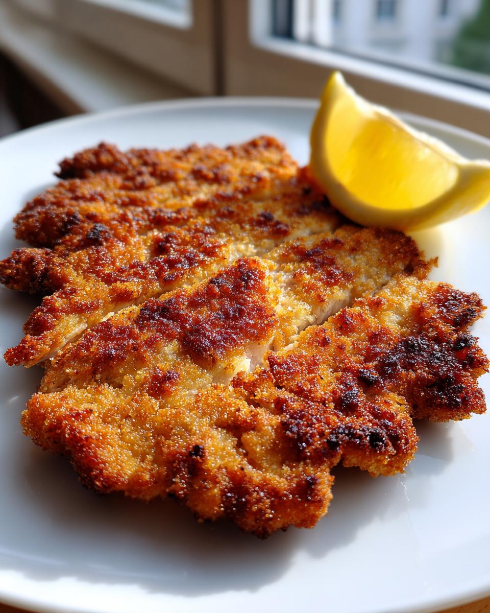 Close-up of a golden-brown, crispy Pork Schnitzel, sliced and served with a bright lemon wedge on a white plate.