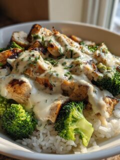 Close-up of Grilled Chicken Broccoli Bowls With Creamy Garlic Sauce served over white rice in a white bowl.