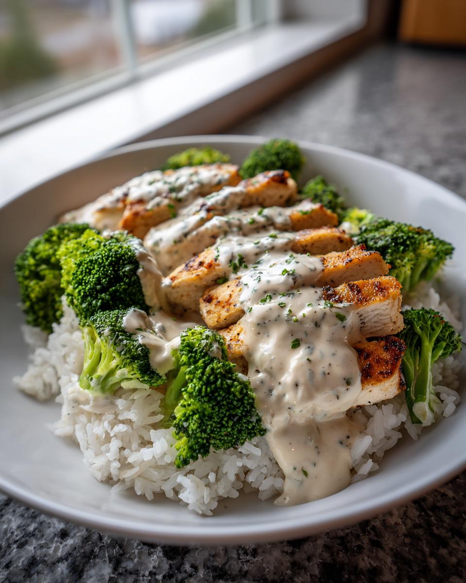 Close-up of Grilled Chicken Broccoli Bowls With Creamy Garlic Sauce served over white rice in a bowl.