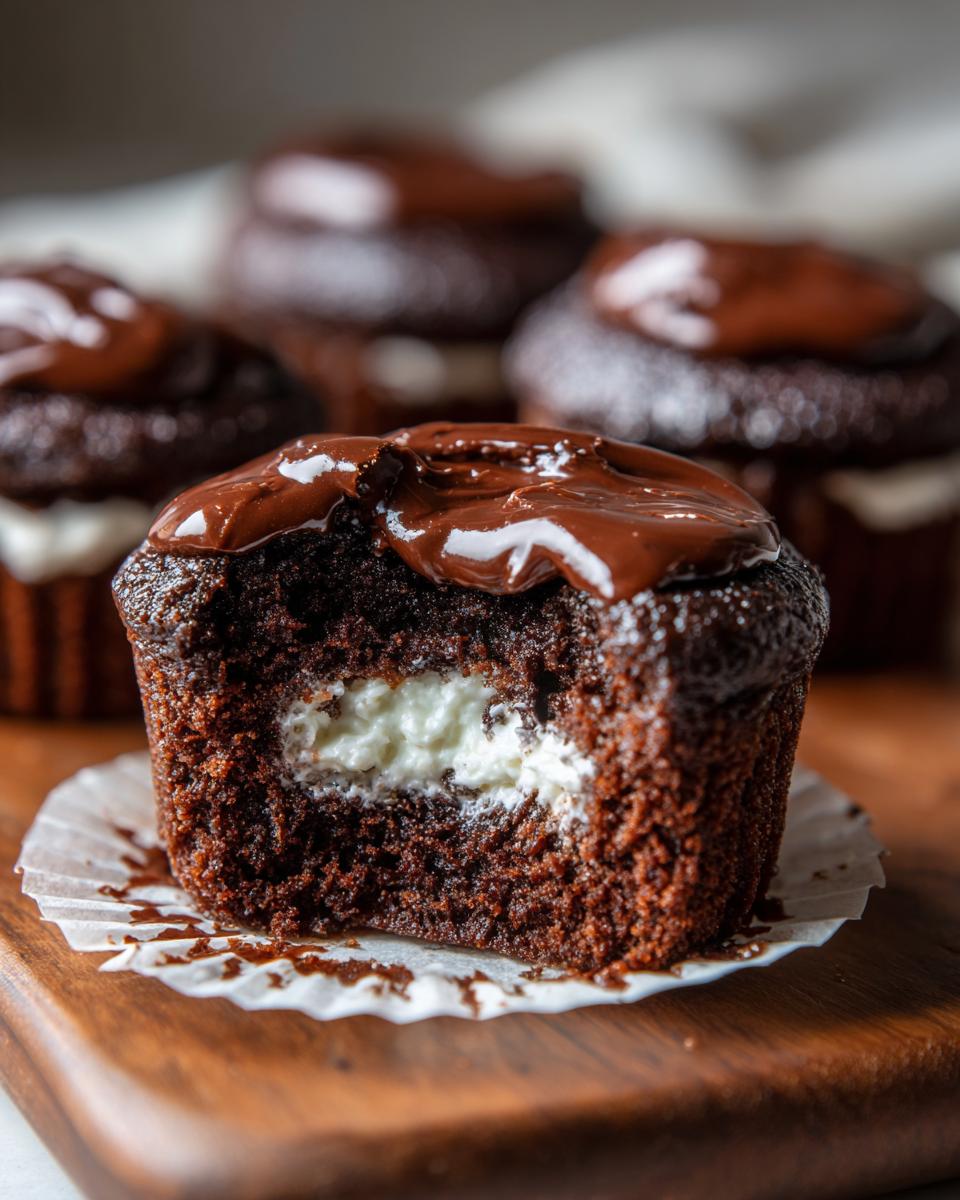 Close-up of a Homemade Hostess Cupcakes cut in half showing the white cream filling inside the chocolate cake, topped with fudge.