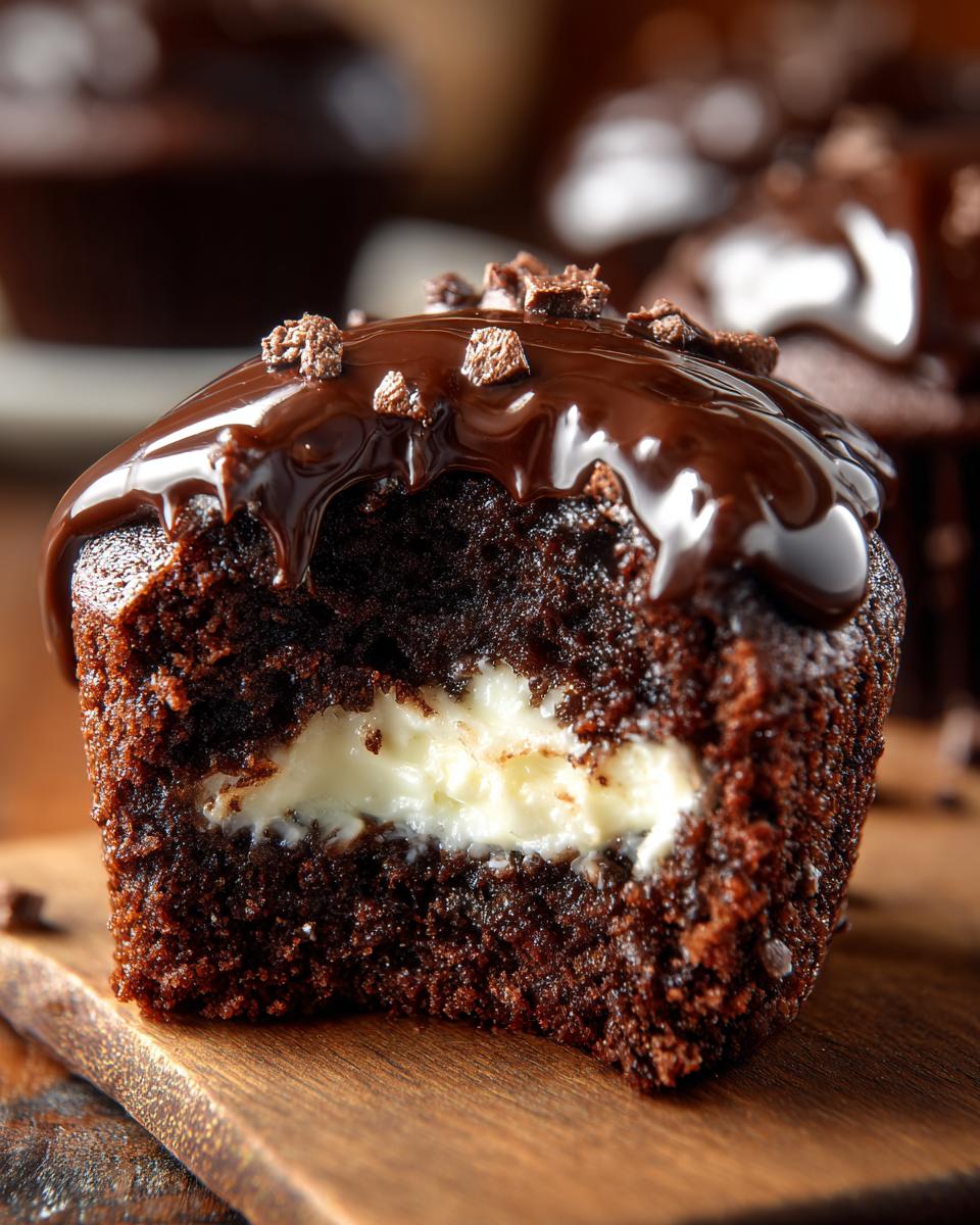 Close-up of a Homemade Hostess Cupcakes cut in half showing rich chocolate cake and white cream filling.