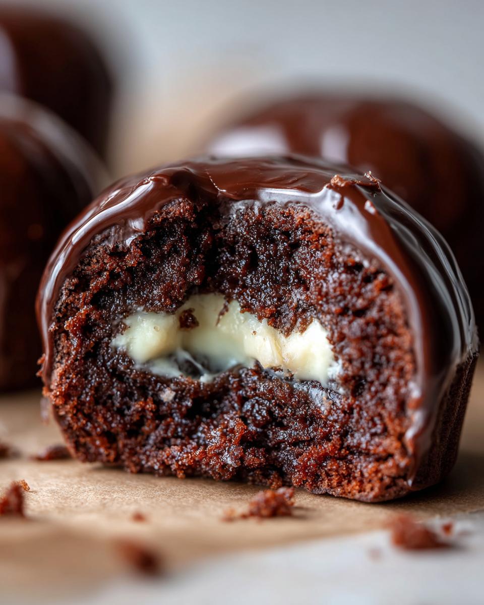 Close-up of a Homemade Hostess Cupcakes cut in half showing the rich chocolate cake and creamy white filling.