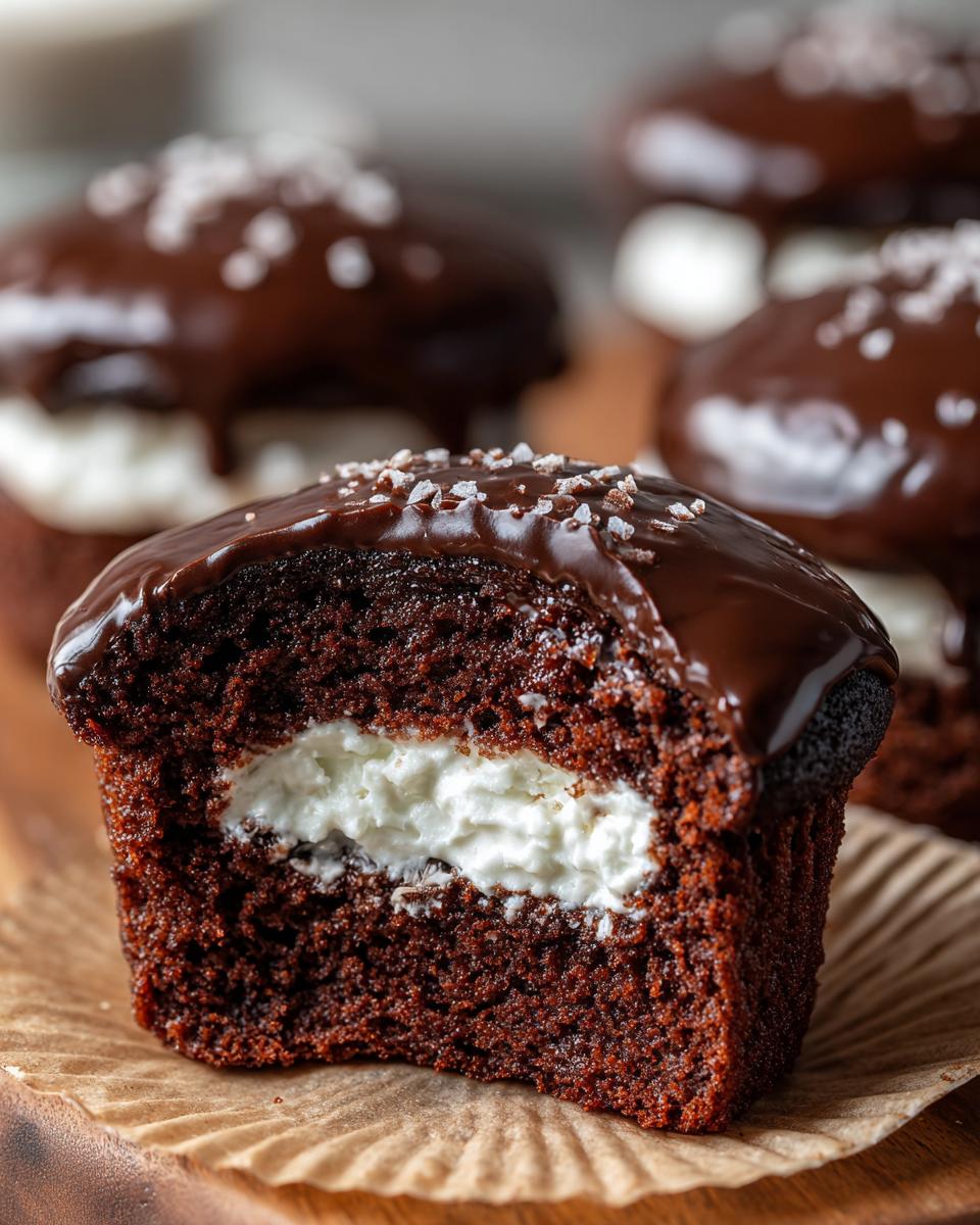 Close-up of a Homemade Hostess Cupcakes cut in half showing rich chocolate cake and white cream filling, topped with ganache.