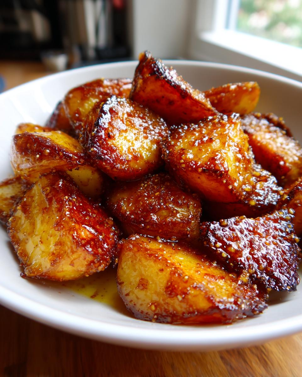 Close-up of roasted Honey Mustard Potatoes coated in a shiny, dark glaze served in a white bowl.