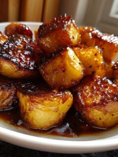 Close-up of perfectly roasted Honey Mustard Potatoes, glazed and caramelized, served on a white dish.