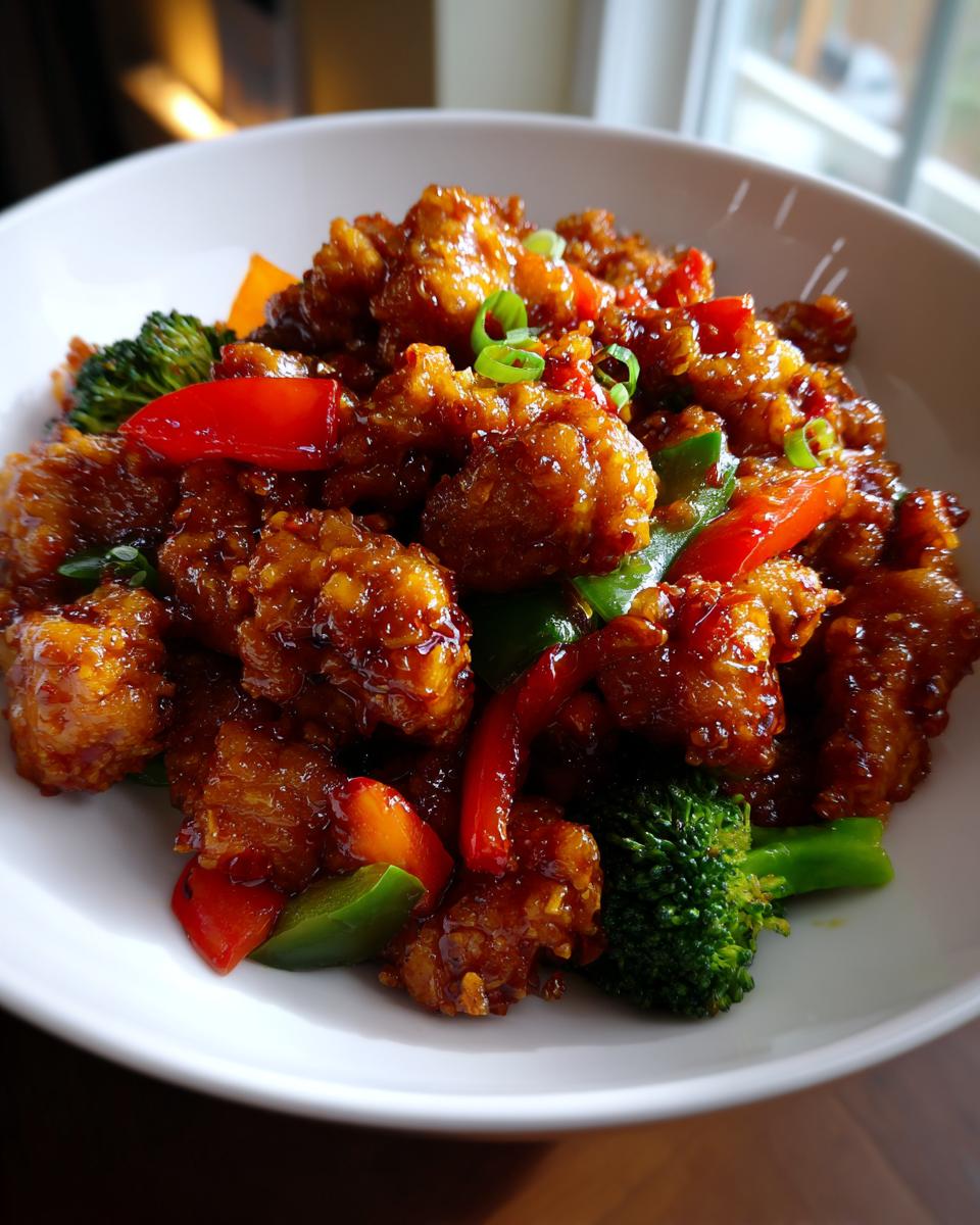 Close-up of crispy, glazed Hunan Chicken pieces mixed with bright red and green peppers and broccoli florets.
