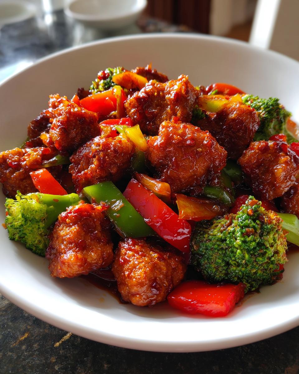 Close-up of saucy Hunan Chicken pieces mixed with bright red and green bell peppers and broccoli florets in a white bowl.