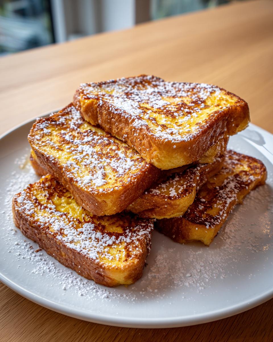 A stack of four thick slices of golden brown IHOP French Toast dusted heavily with powdered sugar.