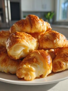 A pile of golden, flaky, crescent-shaped Iowa Party Bites served on a white plate in a bright kitchen setting.