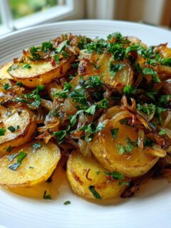 A plate of beautifully browned Lyonnaise Potatoes topped with caramelized onions and fresh parsley.